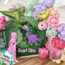 Set de 110 piezas de guirnalda de arco con globos de tema de dinosaurios rosados, que incluye globos de látex rosados, verdes, morados y globos de aluminio con formas de dinosaurios de cuello largo rosados, dinosaurios con cuernos y pterosaurios, perfecto para decoraciones de fiesta de cumpleaños, fondo decorativo, reuniones familiares y suministros de fiesta con tema de dinosaurios de dibujos animados - Multicolor - Ver 5