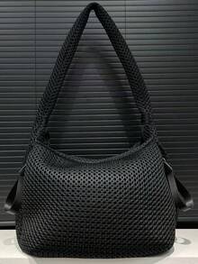 1pc Fashion Nylon Shoulder Bag For Women, Large Capacity Solid Color Crossbody With Fixed Straps, Foldable Design, Zipper Closure, Polyester Lined, Thickened Casual Tote - Black - View 9