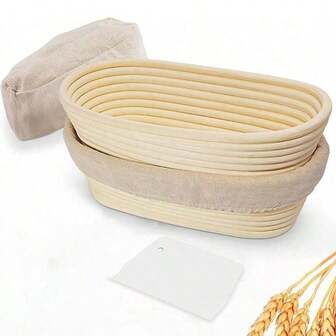 1 pieza Juego de cestas protectoras para pan (con forro interior + raspador), cesta de protección para masa madre redonda hecha a mano de mimbre, adecuado para kit de elaboración de pan de masa madre y suministros de panadería