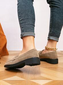 2025年秋季女士平底乐福鞋圆头舒适休闲鞋厚底复古一脚蹬平底鞋 - 卡其色 - 查看 5