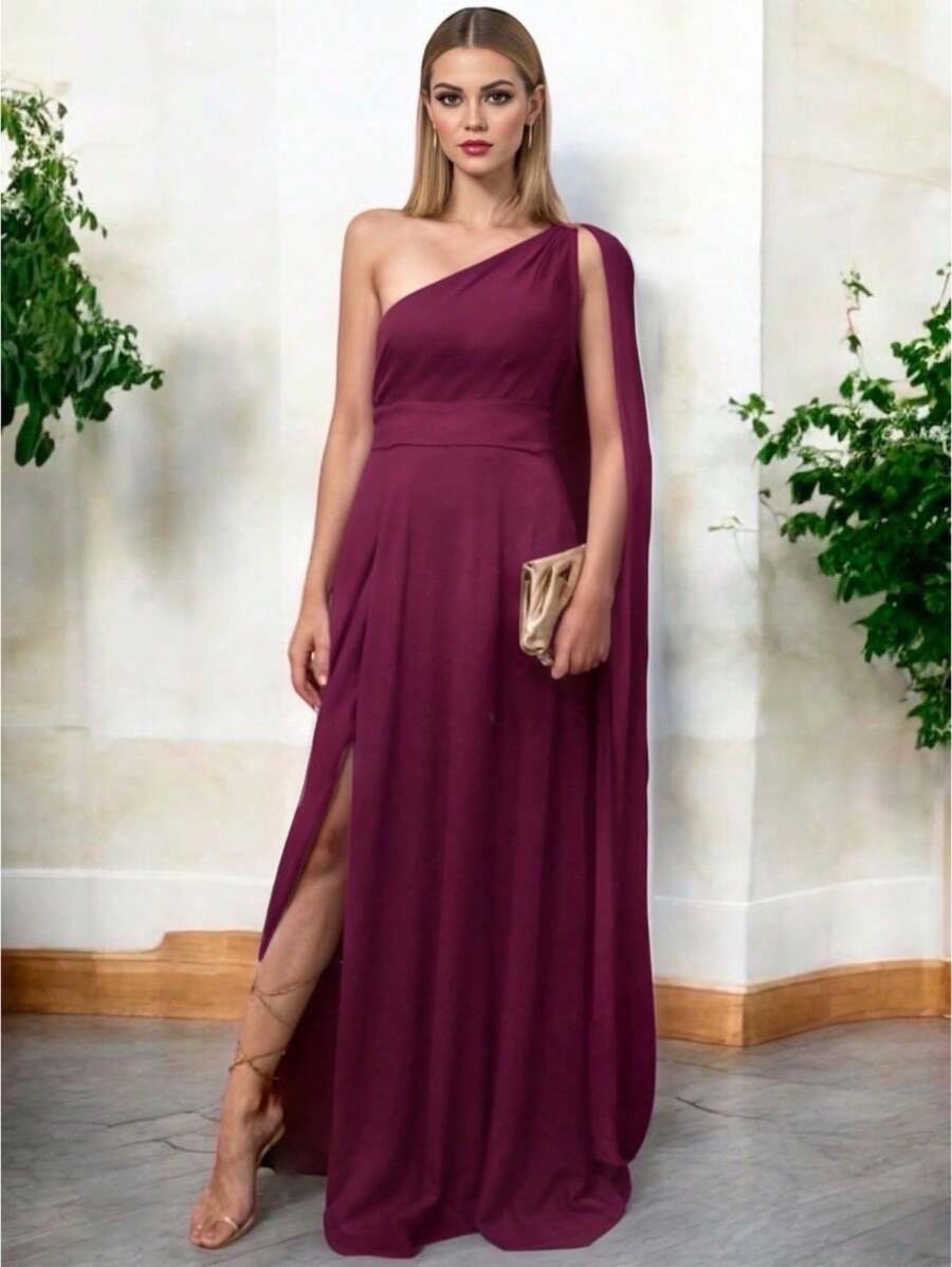 Vestido Elegante Asimetrico con Abertura Lateral y Holgado de la Parte Inferior Hombro Descubierto con Capa - Rojo violeta - Ver 1