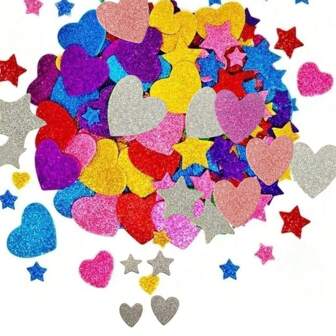 100 片彩色闪光泡沫贴纸自粘星星迷你心形闪光贴纸，学生艺术工艺用品贺卡家居装饰星星和心形