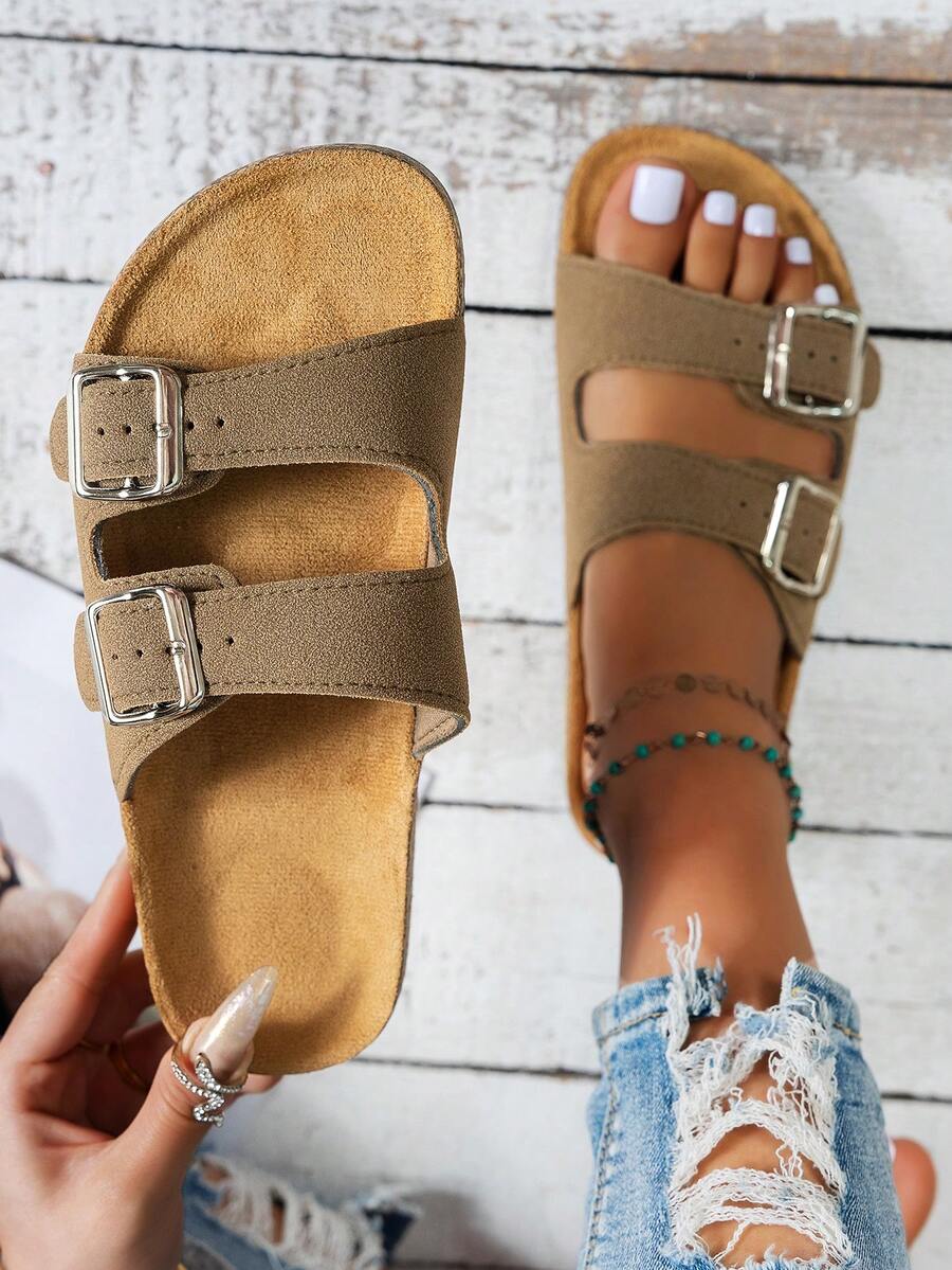 Bequeme Damensandalen - weich, leicht, mit Doppelschnalle, flache Slides, atmungsaktives Design, geeignet für Sommerstrand-Urlaub und tägliches Tragen