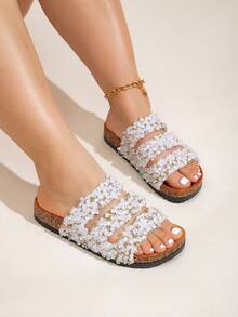 roulvxiang Women's Summer Diamond Sequin Soft Cork Texture Waterproof Beach Slippers, Casual Home & Holiday Flat Sandals