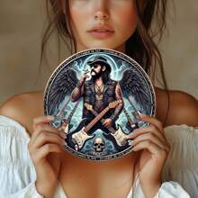 1 Pc 8" X 8" 2D Flat Lemmy Kilmister Band Wall Art Metal Sign - Round Metal Decor With Winged Guitar Player & Skull Design, Durable, Wind-Proof, Water-Resistant, Suitable For Home, Office, Bar, Cafe, Indoor/Outdoor Use, Great For Room Decoration, Random Hole Style
