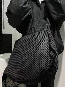 1pc Fashion Nylon Shoulder Bag For Women, Large Capacity Solid Color Crossbody With Fixed Straps, Foldable Design, Zipper Closure, Polyester Lined, Thickened Casual Tote - Black - View 5