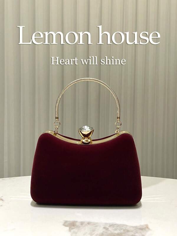 1pc Burgundy Velvet Metal Handle Elegant Box-Shaped Evening Bag, Vintage Handbag For Women, Suitable For Party, Wedding, Dinner, Cocktail Occasions