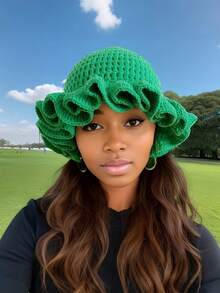 1pc Women Handmade Crochet Ruffle Brim Knit Cap, Stylish Ruffled Knitted Hat For Autumn/Winter - Solid Color - View 6