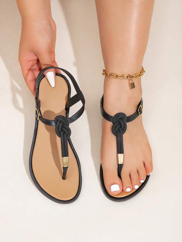 roulvxiang Women Braided Design Thong Sandals, Vacation Summer PVC Flat Sandals