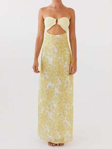 Y2k Floral Cut Out Strapless Maxi Dress For Women 2025 Summer Backless Bodycon Tube Dress Off Shoulder Formal Cocktail Beach Long Sundress - Màu vàng - Xem 1