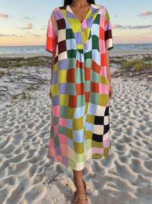 2025 Bohemian Vacation Beach Casual Women's Oversized Spring Summer Fashion Casual Resort Style Multicolor Plaid Element Casual Printed V-Neck Short Sleeve Dress The Dress Patterns Are Printed Randomly And Are All Unique