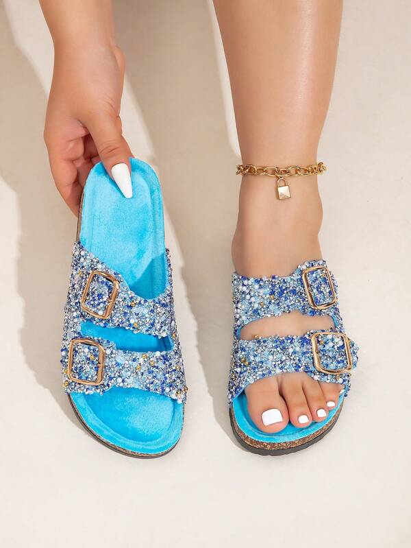 Novos Chinelos Fofinhos Com Botões De Metal, Cor Azul, Glitter Diamante, Chinelos Rasos Para Uso Casual, Em Casa, Em Férias