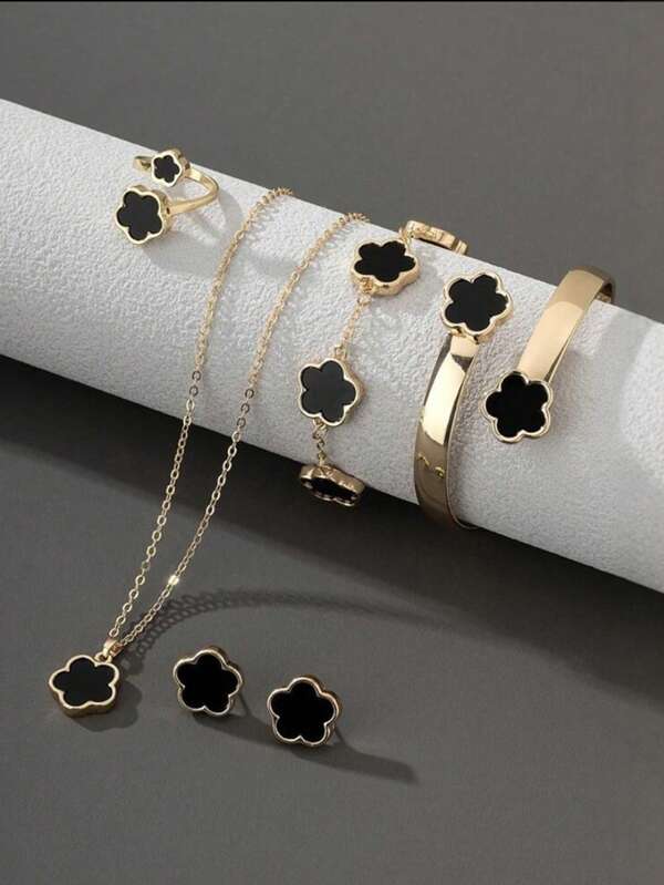 Set de 6 piezas con diseño de trébol de la suerte incluyendo pulsera, collar, aretes, brazalete y anillo, un elegante y de moda conjunto de joyas como regalo para adolescentes
