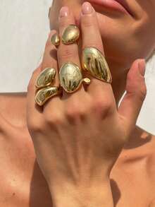 4 件复古朋克几何不对称泪滴开口戒指套装，极简主义金属金色首饰套装，适合女性日常佩戴、派对装饰、节日礼物、日常服装配饰 - 水滴戒指套裝 - 查看 12