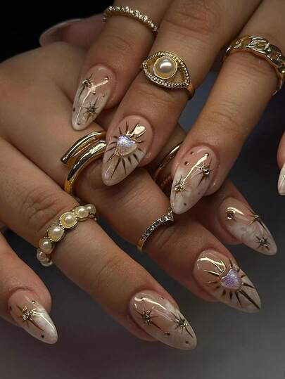 10 piezas de uñas postizas con forma de almendra en tallas XS/S/M, con puntas francesas doradas, decoración de cristales de imitación de corazón 5D, material acrílico brillante, puntas de uñas adhesivas, adecuadas para mujeres y niñas, suministros de arte de uñas