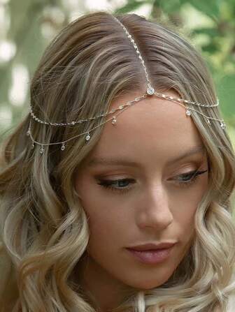 1pc Women's Luxurious Boho Bride Headpiece, Fashion Forehead Chain Hair Accessory For Wedding