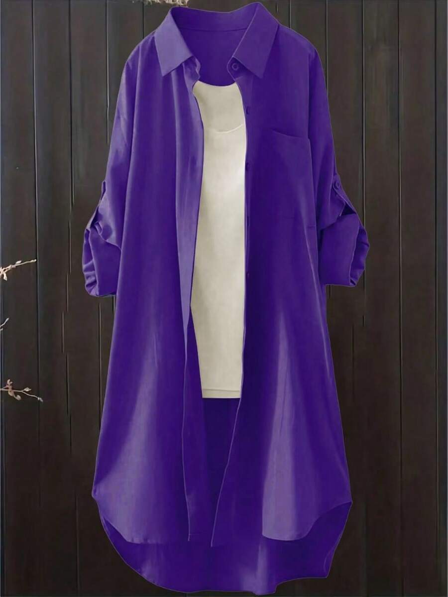 女士春秋休闲纯色卷袖衬衫 - 紫色 - 查看 1