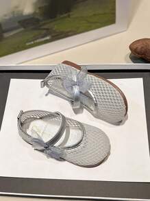 1 Pair Girls Stylish Bowknot Decor Soft Bottom Breathable Mesh Flat Shoes, Suitable For Outdoor Wear, Summer