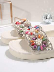 Fashionable Bohemian Rhinestone Thick-Soled Comfortable Single Rhinestone Sandals, Slip-Resistant Outdoor New Princess Shoes, Versatile Ladies Slippers - White - View 7