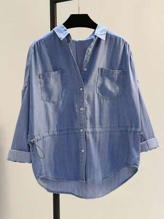 Camisa casual de mujer con botones delanteros y cordón decorativo de manga larga