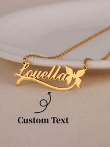 1Pc Personalized Custom Name Pendant Necklace With Butterfly Ribbon Stainless Steel Adjustable Chain Customized Jewelry Birthday Gift, Anniversary Gift - Multicolor - View 1