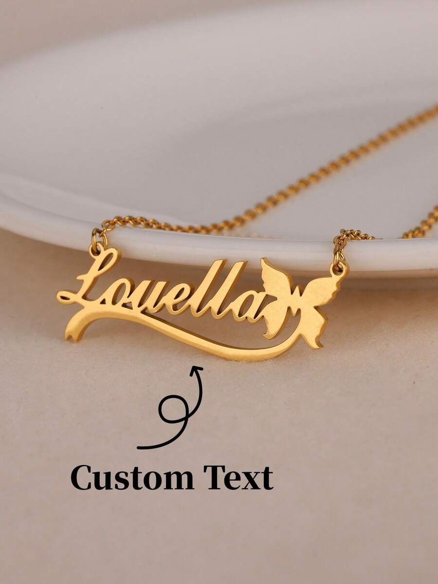 1Pc Personalized Custom Name Pendant Necklace With Butterfly Ribbon Stainless Steel Adjustable Chain Customized Jewelry Birthday Gift, Anniversary Gift - Multicolor - View 1