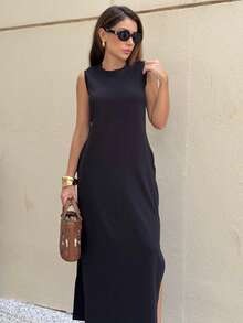 Women's Long Dress With Scoop Neck And Side Slit Elegant Fashion - 黑色 - 查看 5