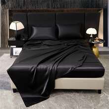6pcs Satin Solid Color Bed Sheet Set: 1 Flat Sheet, 1 Fitted Sheet, 4 Pillow Cases (Pillow Insert Not Included), Home Bedroom Use - Black - View 4