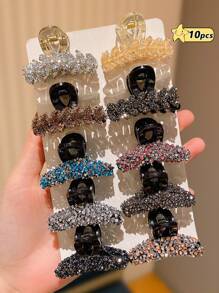4/10 Pcs Girl's Multi-Color Rhinestone Hair Grabber Combination, Retro Elegance, Suitable For Daily Casual Use, All Seasons