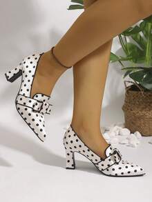 Women's Pointed Toe High Heeled Single Shoes, Satin Polka Dot Chunky Heeled Shoes, Slip-On Bow Decoration, Suitable For Outdoor And Office - trắng - Xem 3