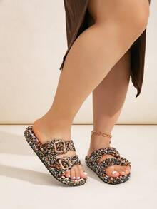 Wide Fit Best-Selling Beige And Black Casual Home, Beach, Vacation Slide Sandals With Diamond Glitter Decor For Women