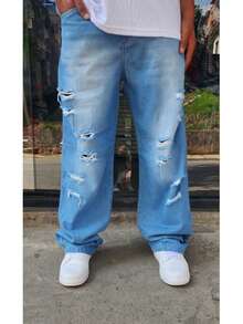 Original Plus Size Men's Dazzling Balloon Jeans Wide Leg Pants - 薄荷藍 - 查看 1