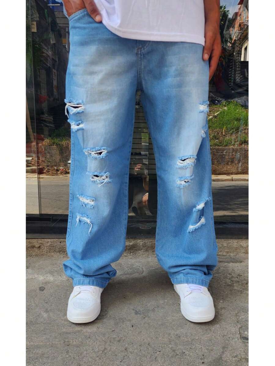 Original Plus Size Men's Dazzling Balloon Jeans Wide Leg Pants - 薄荷藍 - 查看 1