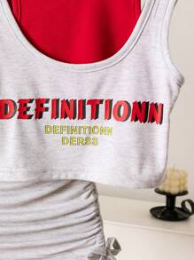 2pcs/Set Girls Casual Faux Two Pieces Colorblock Letter Print Sleeveless Top And Mini Skirt Set