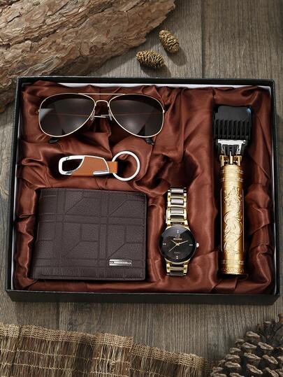 5/7pcs Men Fashion Accessories Gift Set - Watch + Wallet + Razor + Glasses + Keychain, Holiday Gift For Father's Day/Anniversary