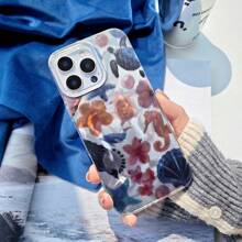1pc Starfish Turtle Pearl Seahorse Shell Ocean Style Fashionable Minimalist Semi-Transparent Cute Cartoon Marine Creature Water Wave Pattern Asymmetrical Ripple IMD Shockproof Silver Gradient Laser Holographic Shiny Artistic Phone Case Compatible With Apple//OPPO/VIVO/Honor//Redmi/Transsion Phones