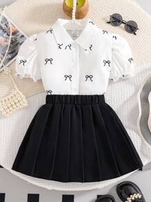 2pcs/Set Girls Summer Outfit, White Butterfly Print Blouse + Black Skirt Set, Children Simple Comfortable Casual Everyday Wear, Outdoor Exercise Holiday Entertainment