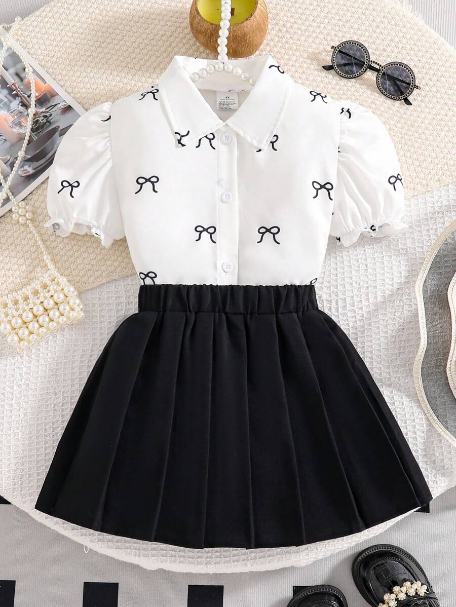 2pcs/Set Girls Summer Outfit, White Butterfly Print Blouse + Black Skirt Set, Children Simple Comfortable Casual Everyday Wear, Outdoor Exercise Holiday Entertainment