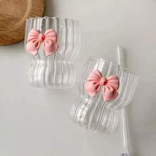 300ml Cute Bow Glass Cup Clear Striped Water Cups Bow-Knot Coffee Drinking Mug Household Fruit Tea Juice Glassware Girls Gift