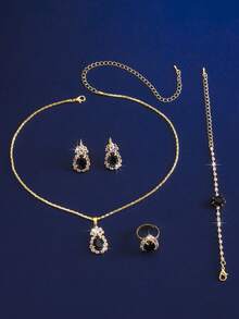 最新韩版时尚优雅水滴水晶首饰套装小众ins彩色水晶吊坠项链耳环戒指套装新娘