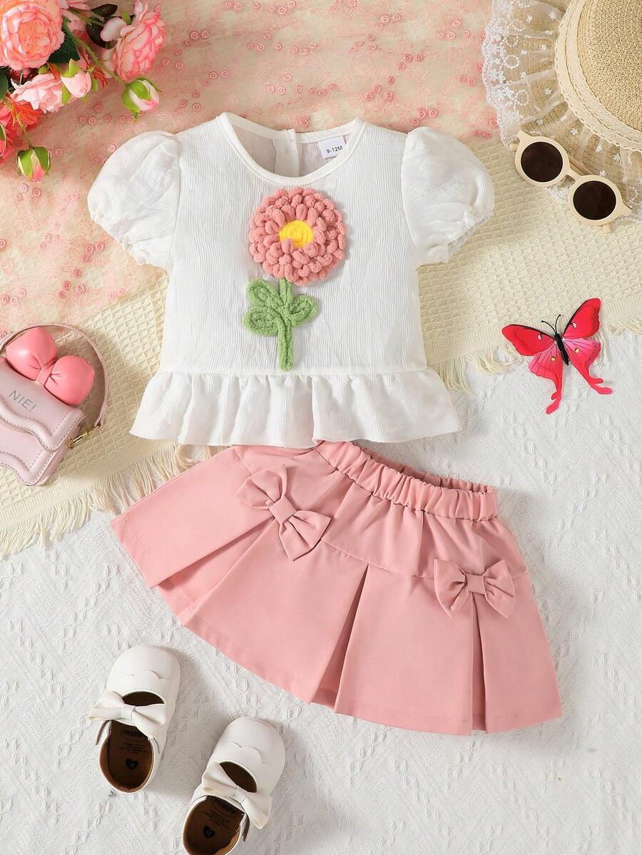 2pcs Baby Girls Cute Lantern Sleeve Floral Top And Ruffle Bow Skirt Set - Multicolor - View 1
