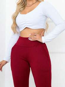 Autumn/Winter Front Pocket Jackard Flare Pants - 酒紅色 - 查看 3