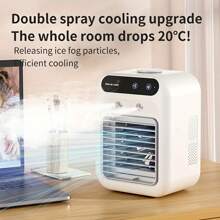 1 pieza Ventilador de aire acondicionado portátil, ventilador de escritorio, humidificador de escritorio y aire acondicionado frío, enfriador de aire con doble sistema de nebulización mejorado, adecuado para uso doméstico y de oficina, funcionamiento silencioso, ajuste de 2 velocidades, material plástico, batería de litio de 1800mAh/alimentado por USB - Opción ideal para humidificador de aire para el hogar y la oficina