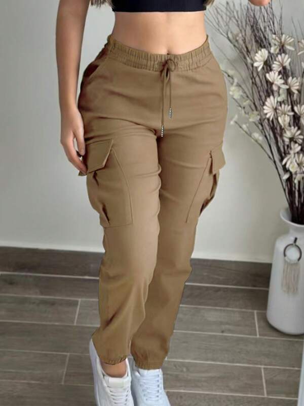 Plus Size Women Fashion Solid Color Casual Drawstring Waist Cargo Pants With Pockets