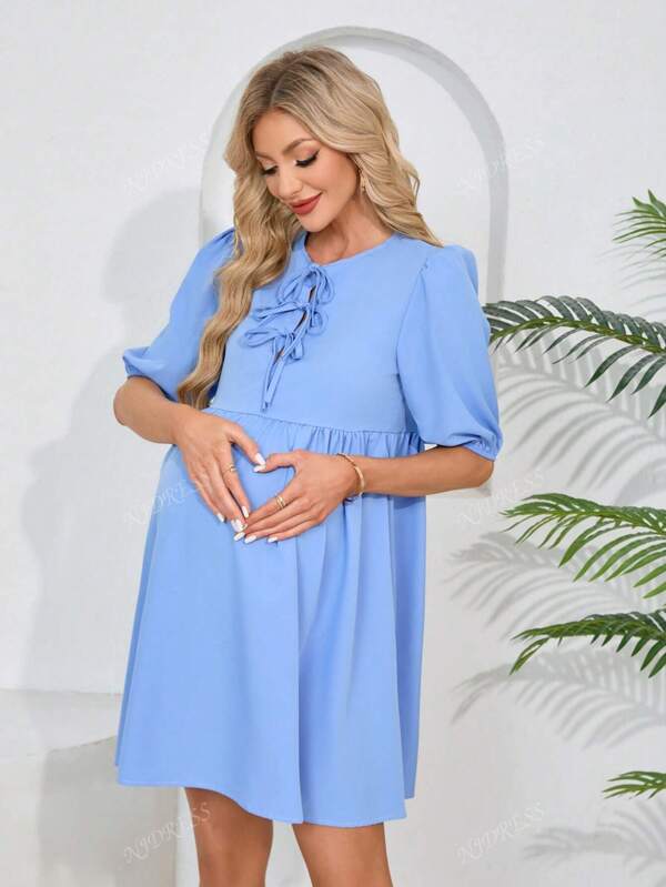 Vestido casual com amarração frontal lisa e franzido para gestantes