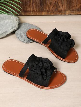 Sandales glissantes décorées de fleurs pour femmes, à bout rond, minimalistes et confortables plates