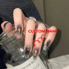 Calcomanías para uñas con diseño lunar y de estrellas inspirado en el estilo 'Dark Baddie', uñas postizas de ballet medianas-largas