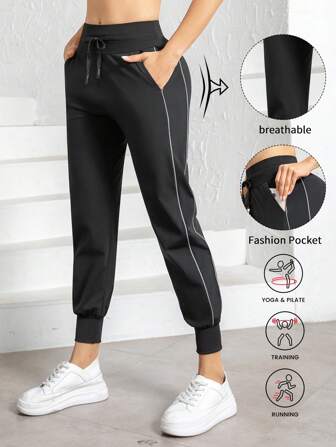 1pc Women High Waist Ice Silk Jogger Pants With Pockets, Drawstring, Reflective Strips, Loose Casual Sports Pants For Workout, Yoga, Running