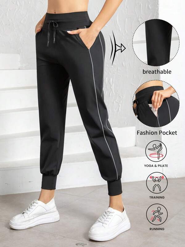 1pc Women High Waist Ice Silk Jogger Pants With Pockets, Drawstring, Reflective Strips, Loose Casual Sports Pants For Workout, Yoga, Running