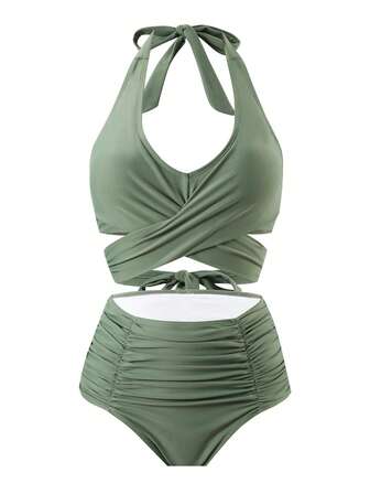 2pcs Solid Color Sexy Elegant Bohemian Backless Bowknot Cross Back Ruffle Split Swimsuit For Women, Beach Vacation Wear, Spring/Summer New Arrival